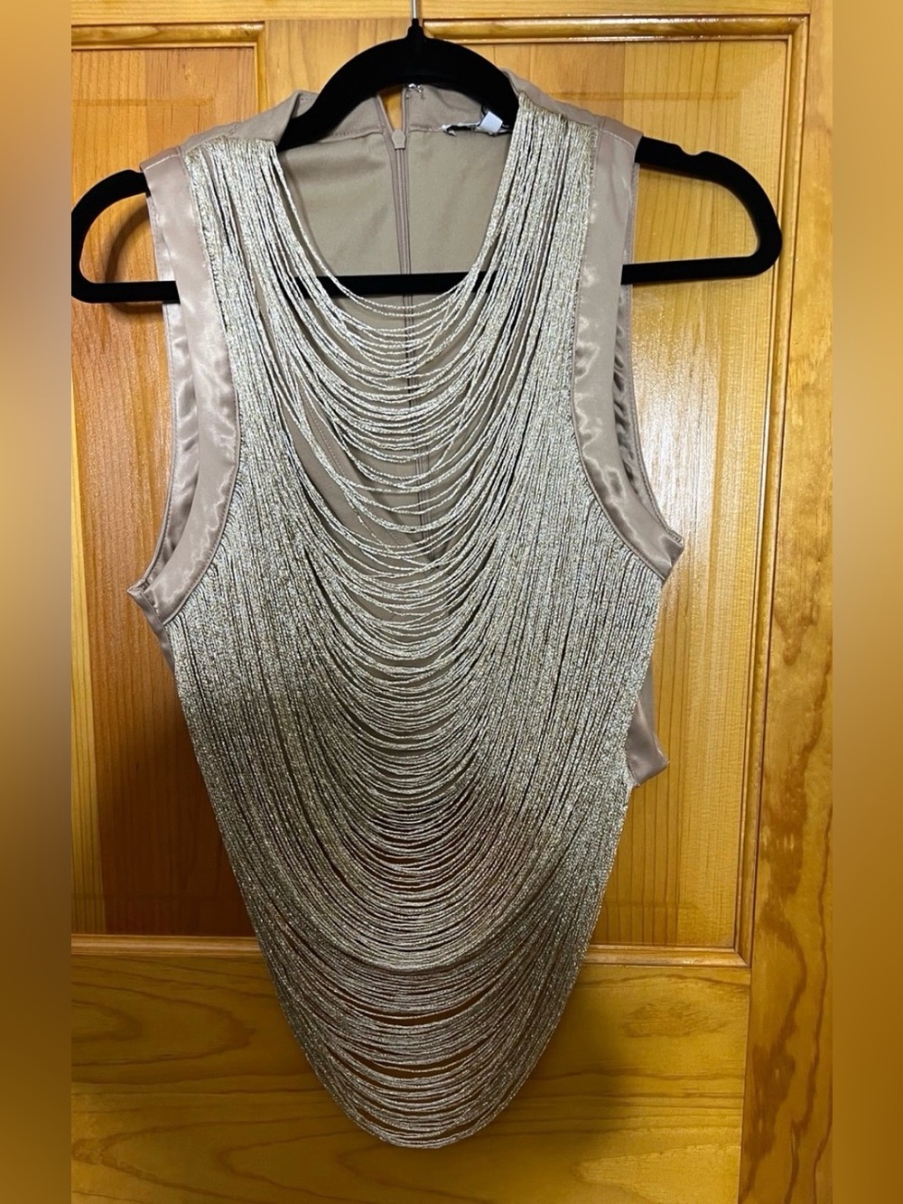 Fashion Nova Taupe Satin Tank with Silver Chain Fringe